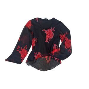 Vintage 90s/Y2K Chaudry Sports KC Sheer Blk and Red Floral Sequin Top - Size XL